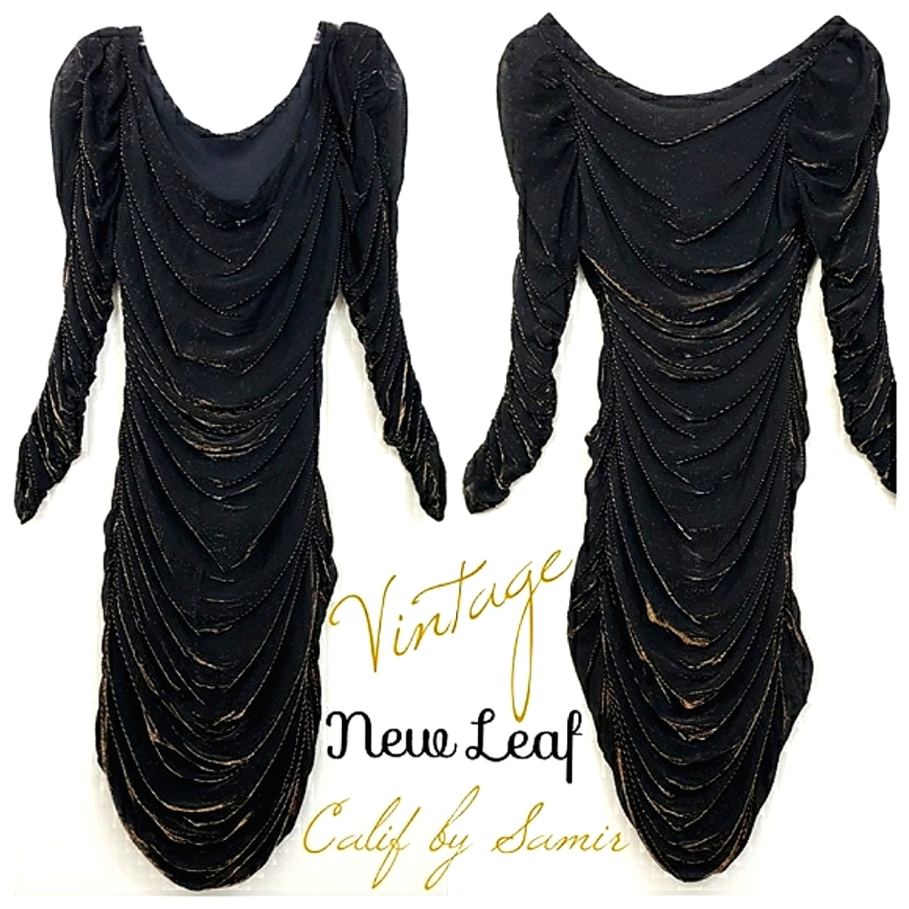 Vintage New Leaf Calif Samir Black/Copper Longsleeve Ruched Bodycon Midi Dress
